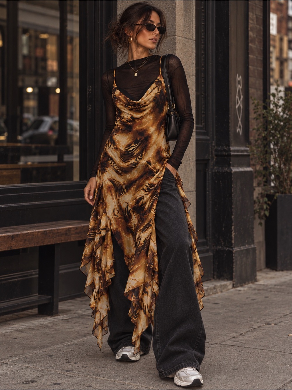 Vintage Y2K Shirley Hollywood 70% Silk Abstract Cowl Neck Maxi Sheer Dress